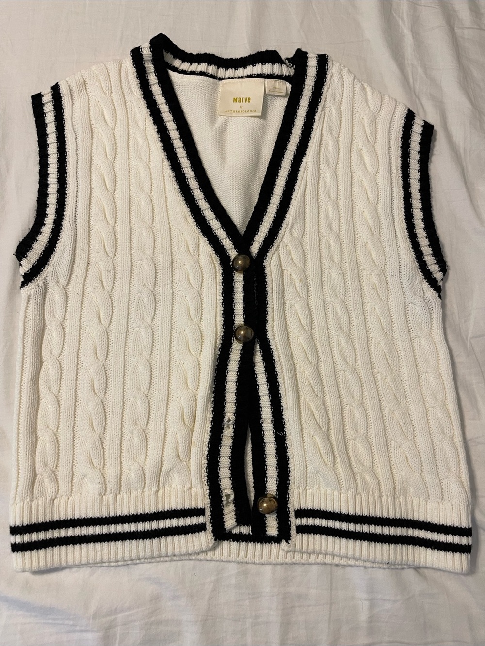 Anthropologie White Cable Knit Sleeveless Cardigan Vest with Black Trim
